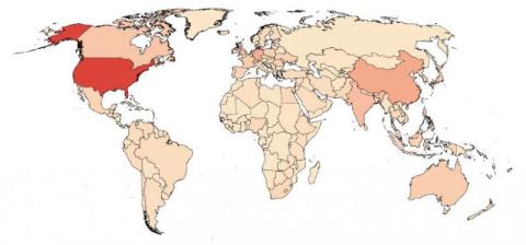 Map showing the number of downloaded articles by country