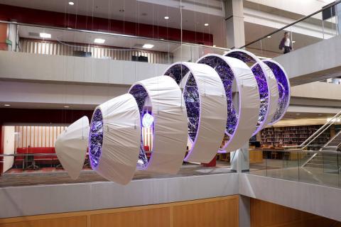 Photograph of the sculpture the chrysalis. It is composed of several white cross-sections of an egg shape and glows blue from inside.